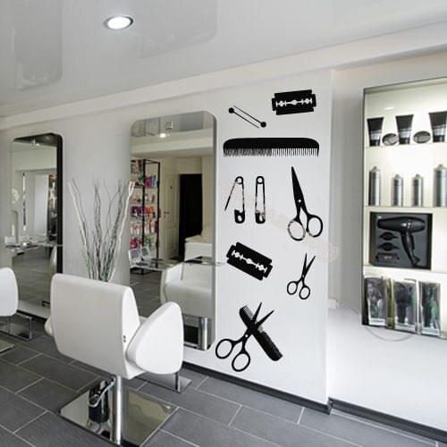 Hair Beauty Salon Barbershop Wall Decal Shaver Pin Set comb Scissors Creative Design Poster Hairdressing tools Stickers EA148
