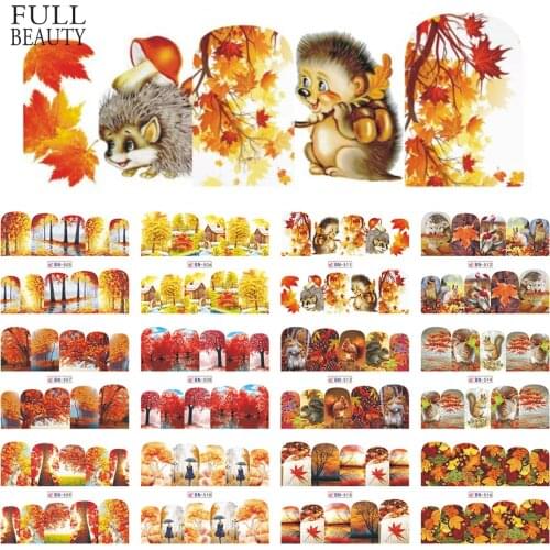 12pcs Gold Leaf Maple Nail Stickers Autumn Water Transfer Decals Nail Art Sliders for Manicure Adhesive Tattoos Tips CHBN505-516