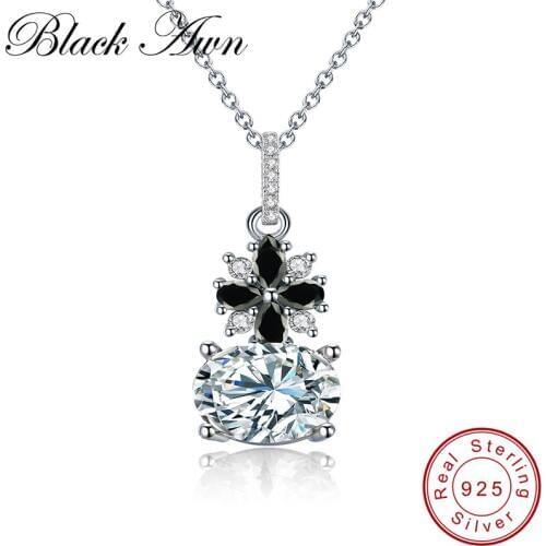 [BLACK AWN] 925 Sterling Silver Jewelry Trendy Black Spinel Necklace for Women Wedding Necklaces Pendants P115