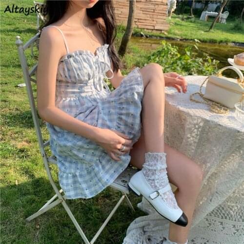 Sleeveless Dress women plaid sweet summer preppy holiday girls sundress ulzzang party empire ladies clothing a-line retro basic