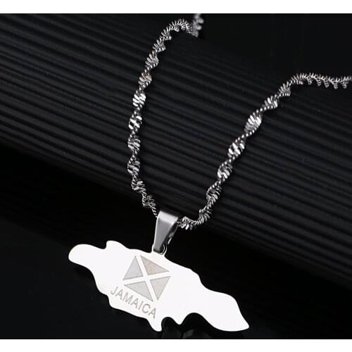Stainless Steel Jamaica Map Pendant Necklaces Silver Color Jamaican Map Flag Map Chain Jewelry