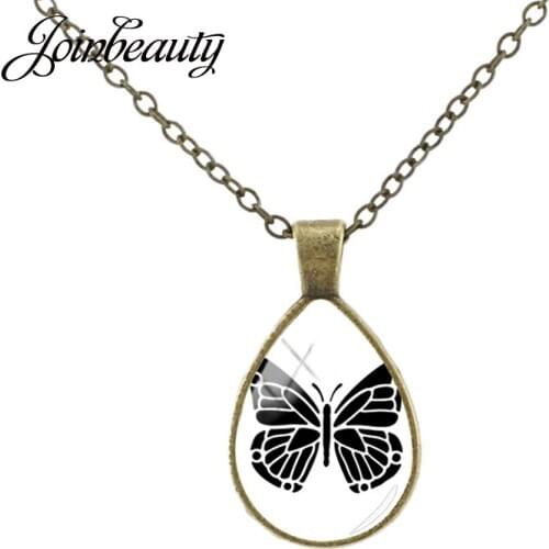 JOINBEAUTY Brief Strokes Black Butterfly Art Picture Water Tear Drop Necklace Simple Glass Cabochon Dome Pendant Jewelry TX668