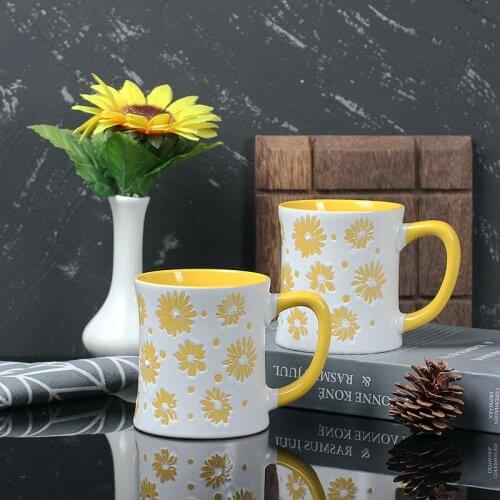 Northern Europe Simple Relief Chrysanthemum Mug Ceramic Cup Breakfast Coffee Cup Milk Mug Large Capacity Thick For Friends