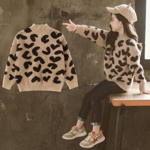 2021 Autumn Winter Kids Girls Long Sleeve Warm Thick Knitting Tops Sweaters Childrens Clothing Leopard O-neck Pullovers C150