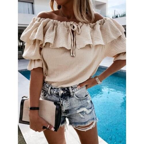 New Solid Top Summer Off Shoulder Sexy T-Shirt Women Slash Neck Crop Top Lotus Leaf Women Casual Fashion Elegant Loose Chic