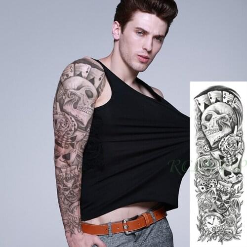 Waterproof Temporary Tattoo Sticker Playing Card Dice Skull Clown Clock Rose Full Arm Fake Tatto Flash Tatoo for Men Women