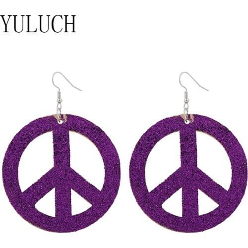 YULUCH Woman natural wood peace sign pendant earrings girls Glitter sequins jewelry women gifts elegant accessories