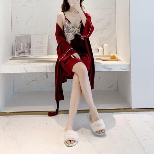 Womens Nightgown Set Pleuche Camisole Nightdress 2 Pcs Sexy Female Nightdress Detachable Chest Pad Hollow Out Ladies Nightwear