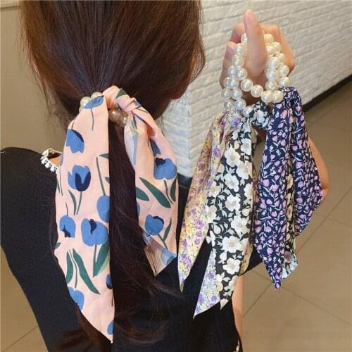 Imitation Pearl Hair Tie Version Of The Pastoral Print Pearl Hair Ring Bowknot Ladies Hair Rope Summer Hair Accessories