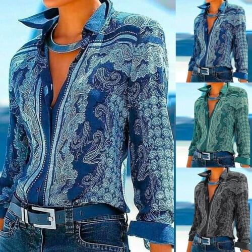 Ladies Spring and Autumn Blue Retro Print Lapel Long Sleeve V-neck Button Shirt Fashion Casual Formal T-shirt New Style