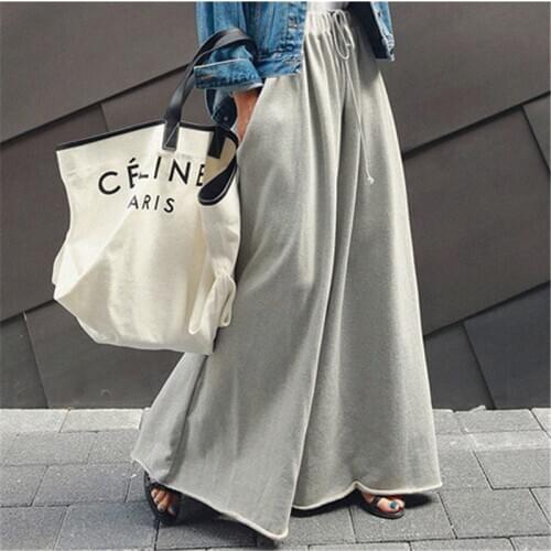 Johnature New Korean Plus Size Wide Leg Pants 2021 Spring Solid Color Elastic Waist Tie Full Length Women Pants