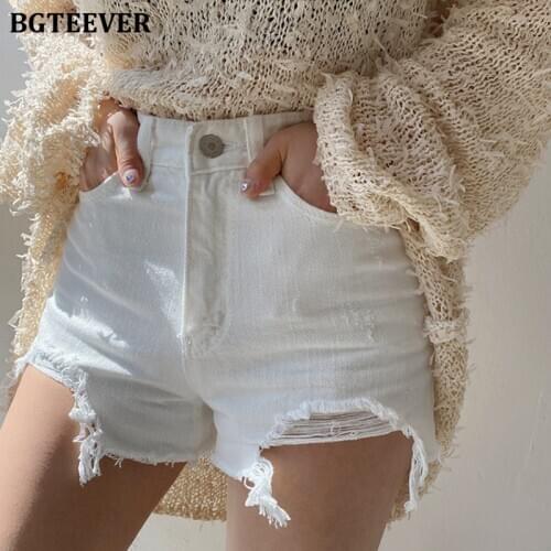 BGTEEVER High Street Summer Ripped Holes Denim White Jeans Shorts for Women 2020 High Waist Tassels Stretched Female Shorts