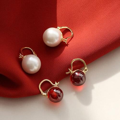 925 Sterling Silver Red Garnet Crystal Elegant Hoop Earrings Pearl Vintage Jewelry For Women Engagement Party Gifts