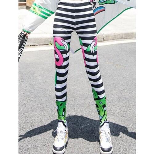 2021 New Women Fashion Skinny Green Patchwork Printing Striped High Elastic Waist Pencil Pants Spring And Autumn X389