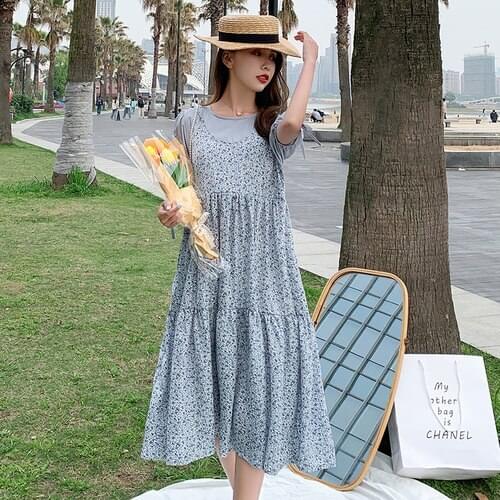 01357# Maternity Clothes Nursing Dress Summer Loose Stylish One Piece Layer Look Floral Dress Pregnant Women Pregnancy Clothes