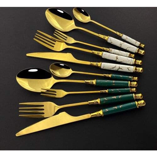 1Set Ceramic Handle Fish Fork Spoon Knife Set Green Gold Dinnerware Stainless Steel Flatware Cutlery Set Tableware Dinner Set