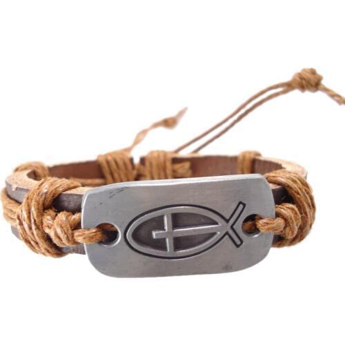 2013 fashion handmade fish and cross symbol charm genuine leather wrap belt vintage Braceletsjewelry women men