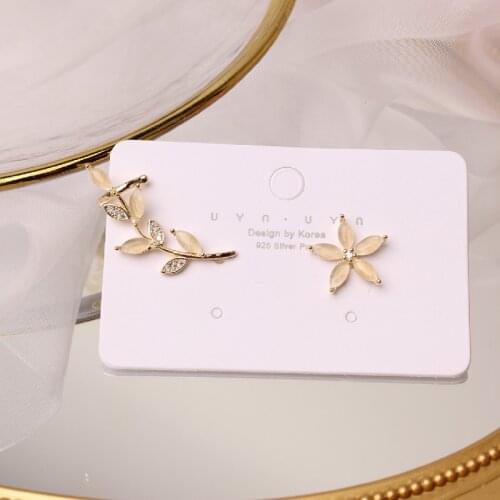 2020 Korean new design fashion jewelry exquisite copper inlaid zircon opal leaf ear bone clip flower asymmetric female earrings