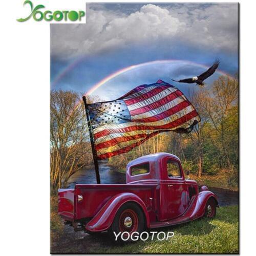 Diy Diamond Painting America Flag Car Full Drill Complete Kit Crystal Mosaic Bead Picture 5D diamond Embroidery Landscape YY1618