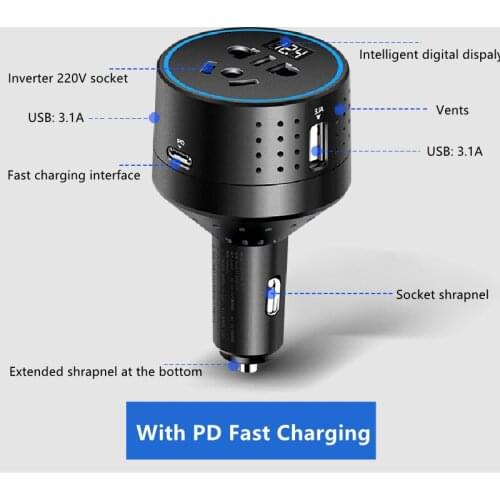 GKFLY 12V To 220V Car Inverter Car Charger Cigarette Lighter Type-C PD QC3.0 Fast Charging USB Charger With Voltage Display
