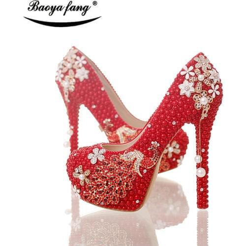BaoYaFang Red pearl beads Womens wedding shoes High heels fashion woman party dress shoes Luxury peacock female shoes Pumps