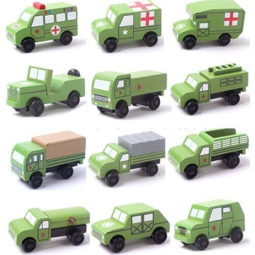 Free Shipping small wooden mini cars set military jeep truck rescue car models toys for chilldren 12pcs per lot
