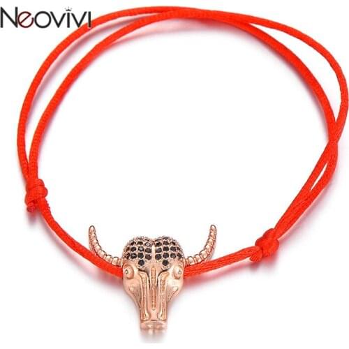 Neovivi Black Zircon Bull Head Bracelet Adjustable Black Red Rope String Bracelets for Women Men Handmade Punk Jewelry DIY Gifts