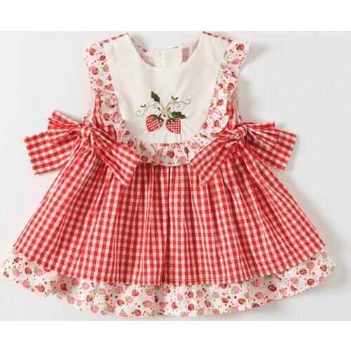 Baby Lotus Summer Red Dress Newborn Clothes Baby Cute Dress Strawberry Embroidery Cotton Plaid Sleeveless Birthday Clothes Baby
