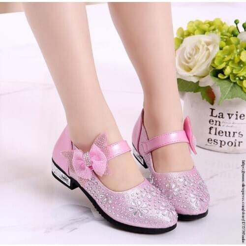 Disney girls high heels spring autumn new child Frozen Princess elsa crystal shoes kids show shoes Crystal casual shoes sequins