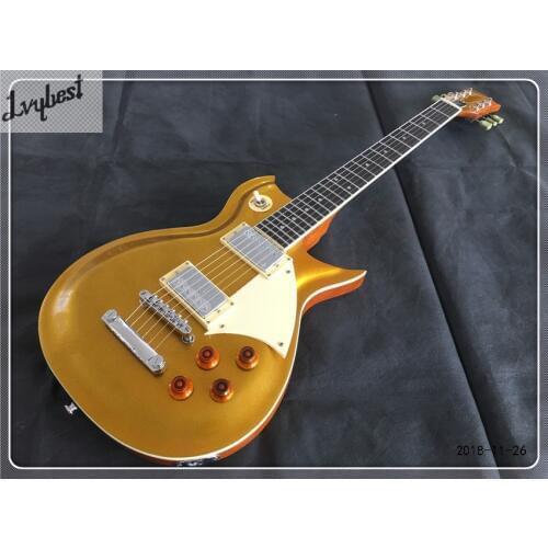 Lvybest customized electric guitar body shape and headstock,ebony fingerboard,gold metalic top,natural back,chrome parts