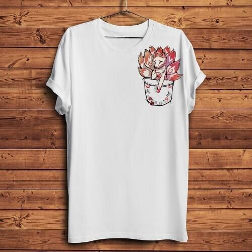 Cute Kitsune Fox in pocket funny kawaii anime t shirt homme white short sleeve men casual tshirt unisex Harajuku streetwear tee