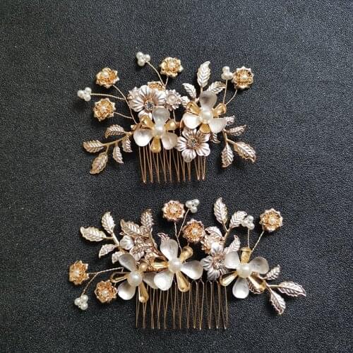 SLBRIDAL Handmade Golden Crystal Rhinestones Pearls Flower Bridal Hair Comb Wedding Headpieces Hair Accessories Women Jewelry