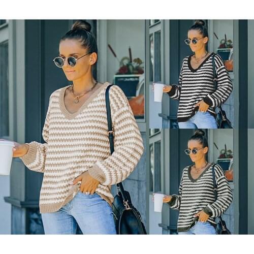 Europe And America Beautiful Women Knitting Sweater Sexy V-Neck Loose Casual Classic Striped All-Match Thin Pullovers Knitwear