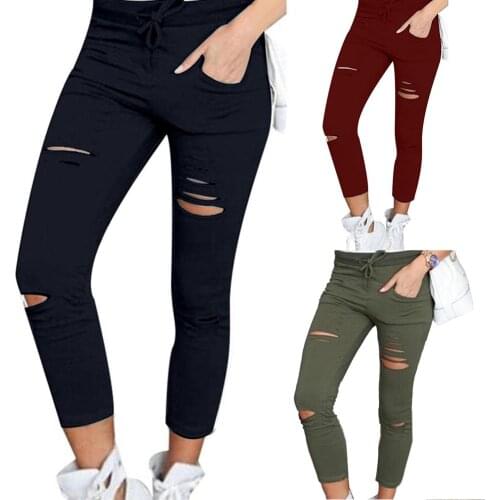 Fashion Ripped Women Pants Solid Color Elastic Waistband Slim Skinny Pencil Pants with Pocket Trouser for Women Skinny Leggings