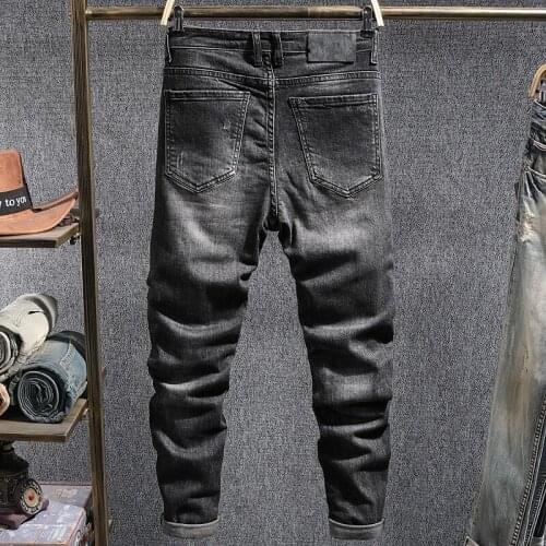 Men Embroidery Hole Ripped Patch Jeans Autumn Winter New Slim Straight Stretch Trousers Grey Casual Biker Denim Pants Male