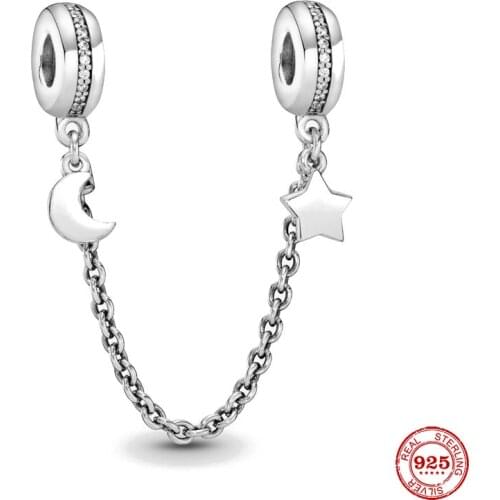 New Original Silver Color Moon Star Safety Chain Bead Fit European Pandora Charms Bracelet Bangles Diy Jewelry P428