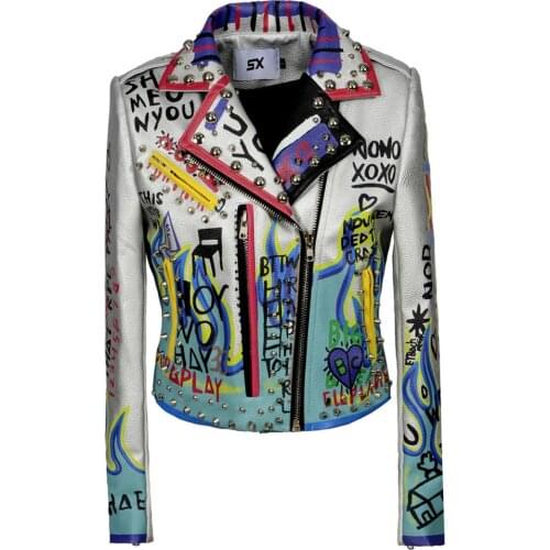 NEW jacket Women Casual Graffiti Cartoon Printed Studs coat Long Sleeve outerwear Fashion slim Street Autumn winter Streetwear
