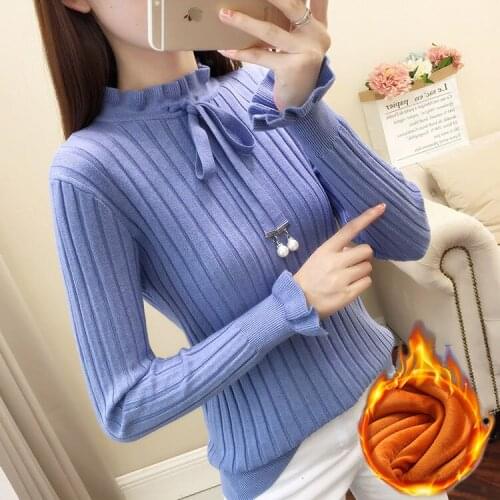 Bow knot new plush sweater womens autumn and winter Korean long sleeve slim fit Pullover Sweater bottomed sweater
