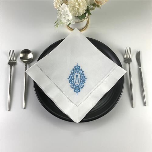 Table napkins Monogrammed Dinner Napkins White linen Hemstitch Table Napkins 20"x20"Ladder Embroidered Initial Tea Napkins