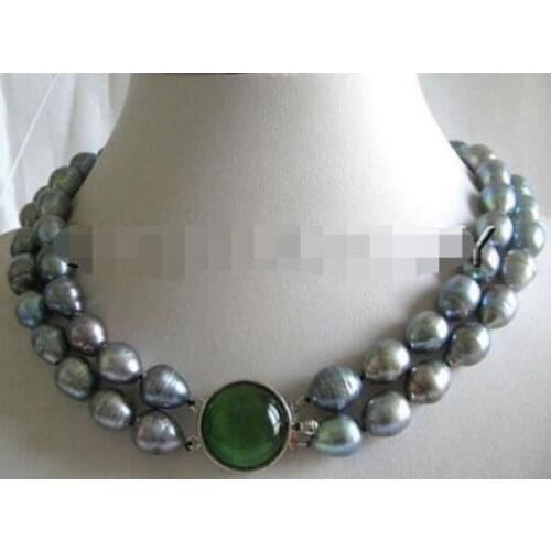 P1096-2row 17-18" 9-10mm natural black baroque freshwater pearl necklace - opal