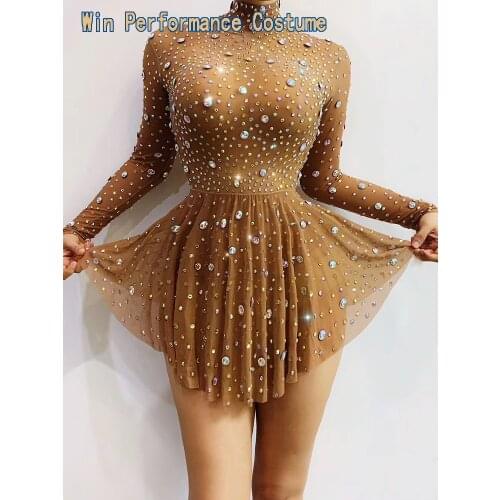 Flesh Sequin Big Rhinestones Transparent Mesh Short Mini Dress Birthday Celebrate AnniversyLong Sleeve Dance Bar Singer Outfit