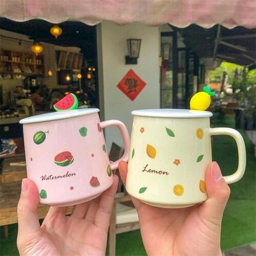 Kawaii Fruit Mug with Lid Spoon Ceramic Strawberry Cup Painted Breakfast Couple Coffee Cup Girl Cute Creativity Cartoon Gift Cup