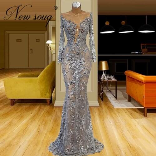 Blue Mermaid Beading Evening Dresses With Illusion Middle East Vestido De Festa Formal Party Prom Dresses Gowns For Dubai Arabic