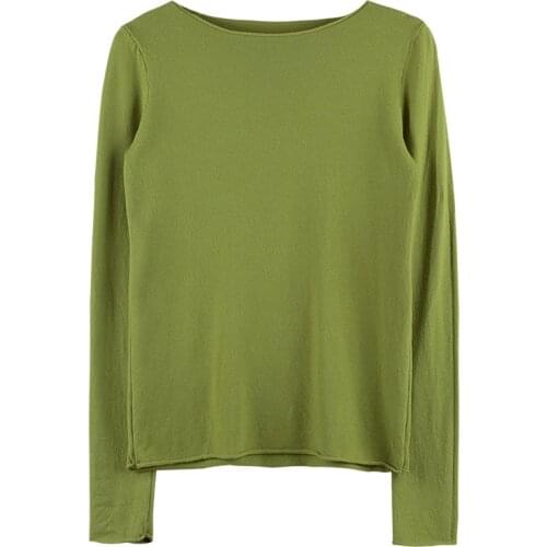 Knitted Boat Neck Top Women Curl Edges Solid Sweater Pullovers Green