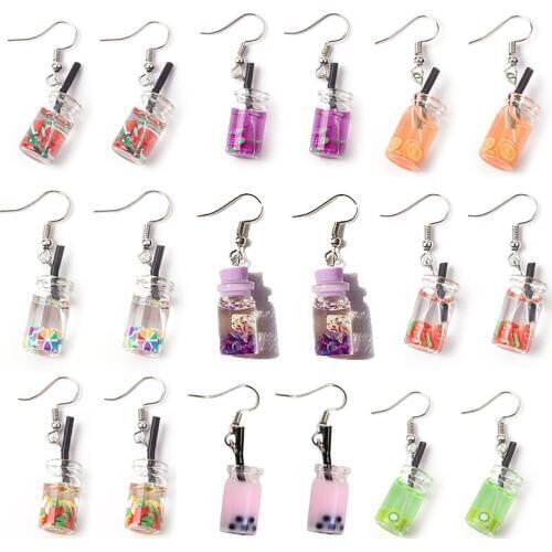 Pearl Milk Tea Cup Shaped Dangle Earrings for Women Fun Ocean shell Drifting Drink Bottle Pendant Earrings Handmade Accessories