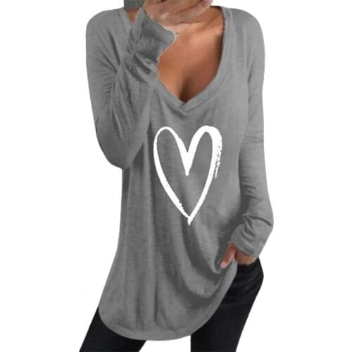 Womens T-shirt Deep V Neck Love Heart Print Cotton Blend Women Long Sleeve Blouse Tunic for Work Female Clothing Tops Plus Size