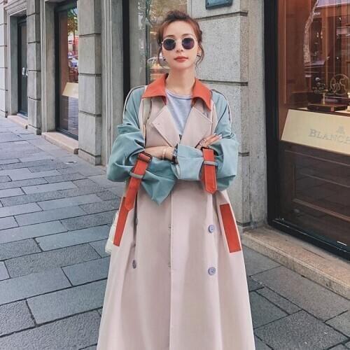 Stitching Contrast Color Loose Windbreaker Womens Mid-length British Windbreaker Coat Lapel Belt All-match Fashion Clothing