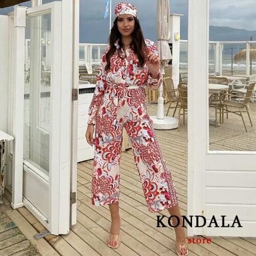 KONDALA Za 2021 Women Chic Red Floral Shirt Jumpsuits V Neck Bow Sashes Higj Waist Rompers Long Sleeve Stylish Fashion Jumpsuits