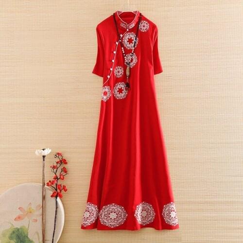 High-end Spring summer women Chinese style floral Linen Cotton Qipao dress embroidery elegant lady A-line cheongsam dress S-XXL