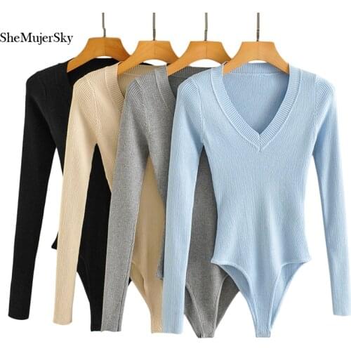 SheMujerSky Women V-neck Long Sleeve Knitted Bodysuit Solid Color 2021 High Elastic Slim Spring Autumn Jumpsuits